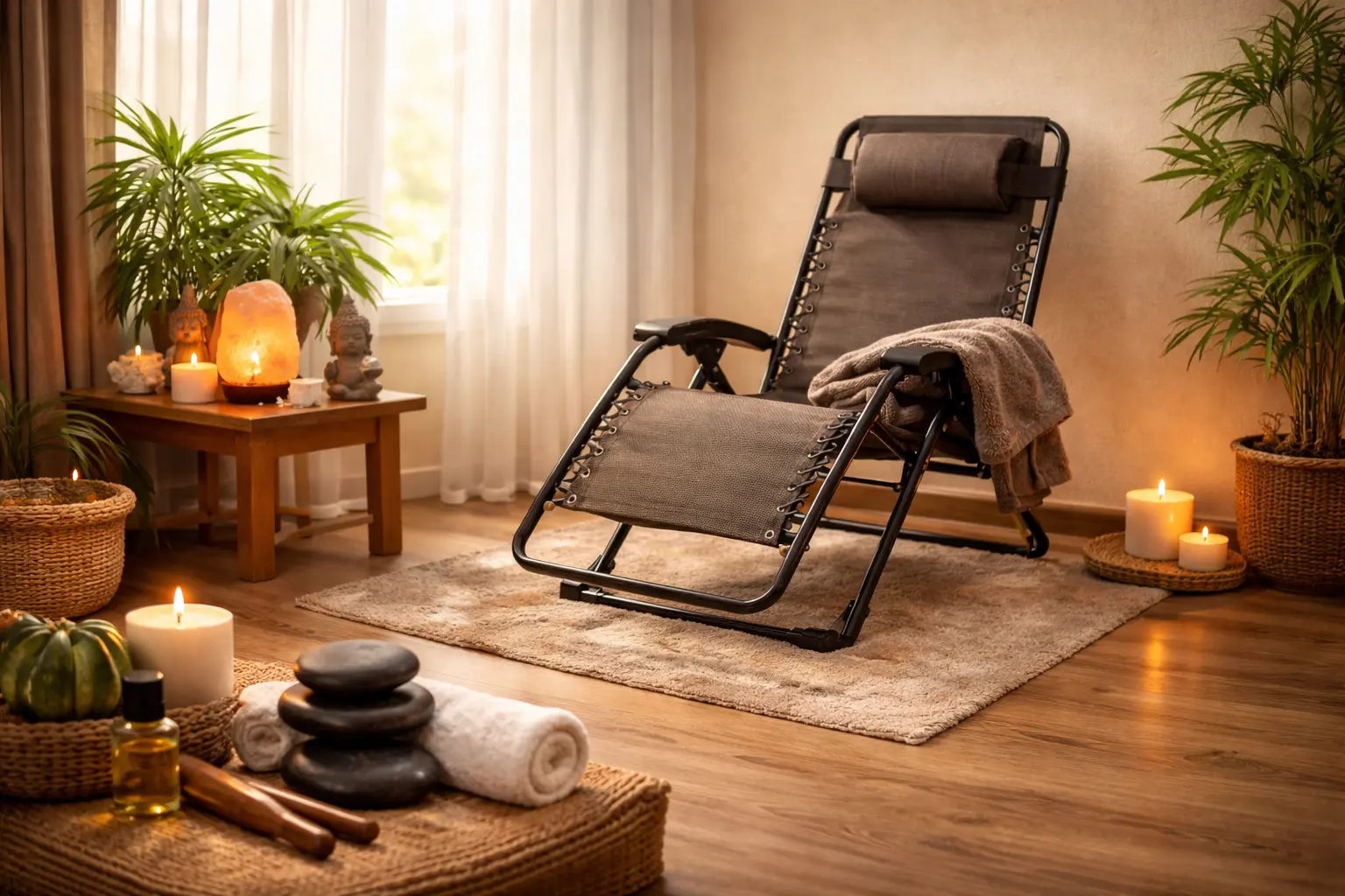 Pièce chaleureuse dédiée à la réflexologie avec transat professionnel, lumière douce et ambiance propice à la détente.