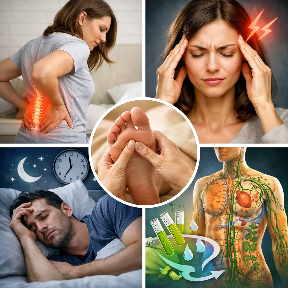 Collage illustrant les bienfaits de la réflexologie : massage des pieds, douleurs dorsales, maux de tête, troubles du sommeil et drainage lymphatique.